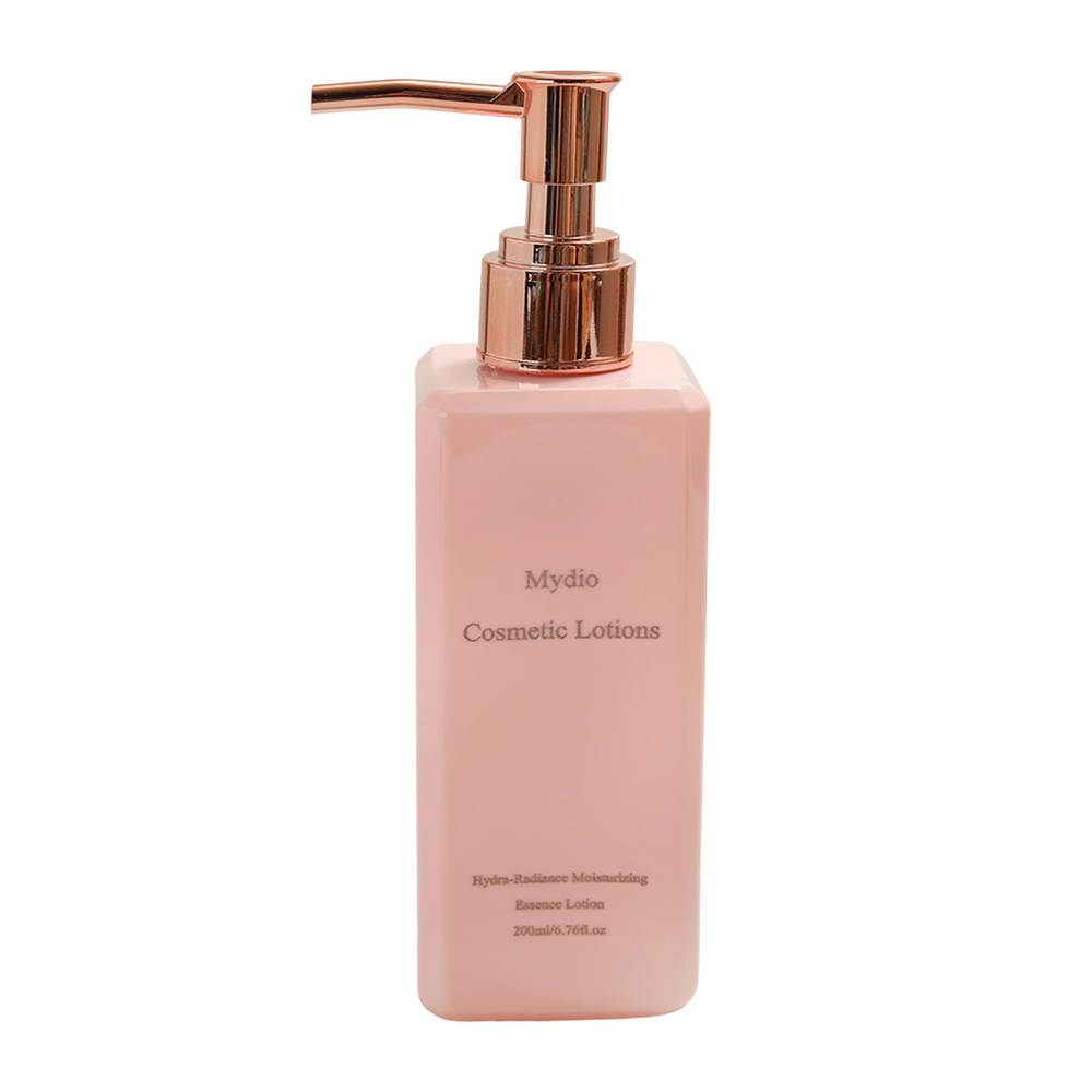 Mydio Hydra-Radiance Moisturizing Essence Lotions for Cosmetic Purposes, 200ml Elegant Pink Bottle with Rose Gold Pump for Daily Face and Body Care.