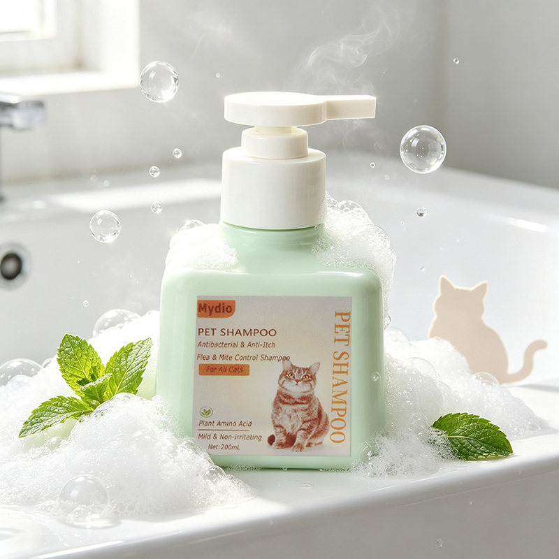 Mydio Pet Shampoo for Cats - 200ml Antibacterial & Anti-Itch Formula with Plant Amino Acids - Effective Flea & Mite Control for Healthy Skin During Bathing