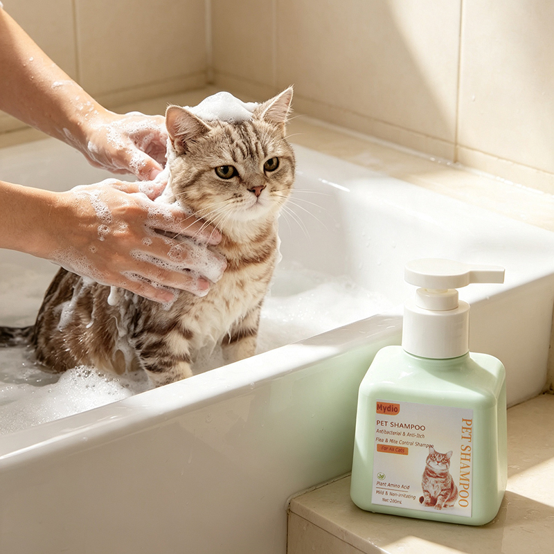 Mydio Pet Shampoo for Cats - 200ml Antibacterial & Anti-Itch Formula with Plant Amino Acids - Effective Flea & Mite Control for Healthy Skin During Bathing