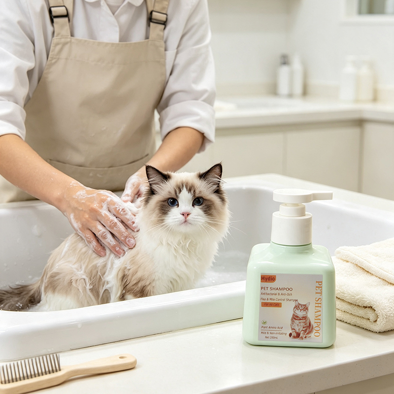 Mydio Pet Shampoo for Cats - 200ml Antibacterial & Anti-Itch Formula with Plant Amino Acids - Effective Flea & Mite Control for Healthy Skin During Bathing