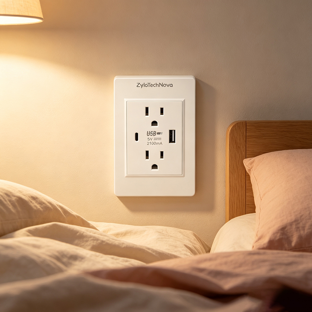 ZyloTechNova Electric sockets, USB‑C Fast Charging US Standard Wall Dual Plug 20W, 118mm Panel Double American Socket with USB‑A & Type‑C Port for Home, Hotel, Apartment