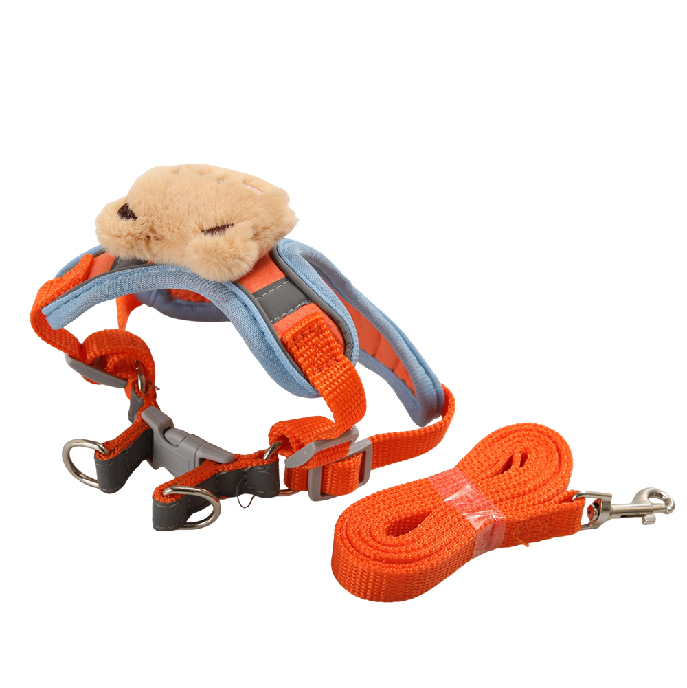 Kevorlith Reflective Pet Harness and Pet Leashes Combo for Small Dogs & Cats, Breathable Mesh Puppy Vest with Cartoon Plush Bear, Safety Escape Proof Dog Leash Set for Night Walking and Training.