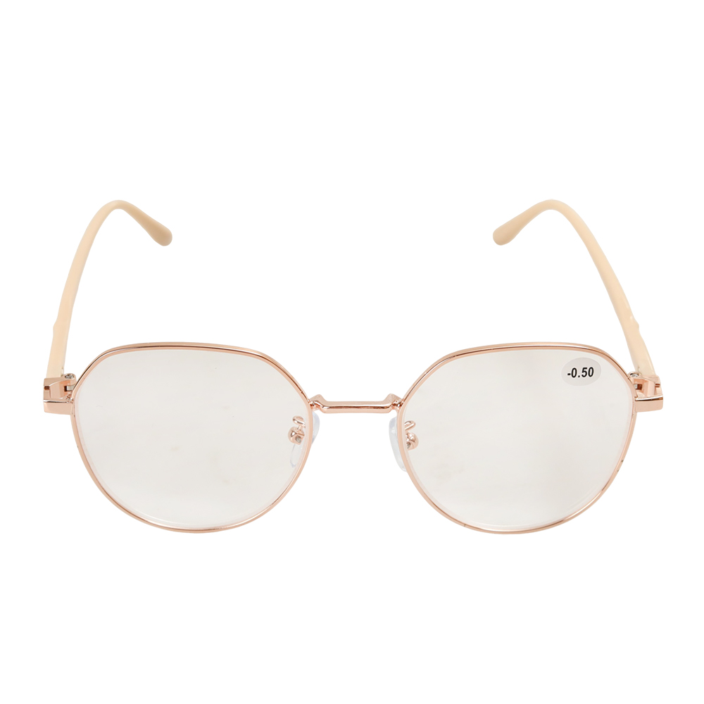 Crislight Trendy Rose Gold Round Eyeglasses for Women, Lightweight Metal Frame Myopia Glasses -0.50 with Case, Stylish Eyewear for Office Work, Meetings and Computer Use