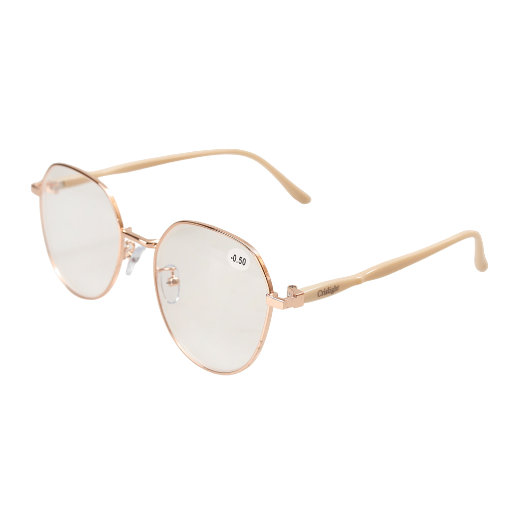 Crislight Trendy Rose Gold Round Eyeglasses for Women, Lightweight Metal Frame Myopia Glasses -0.50 with Case, Stylish Eyewear for Office Work, Meetings and Computer Use