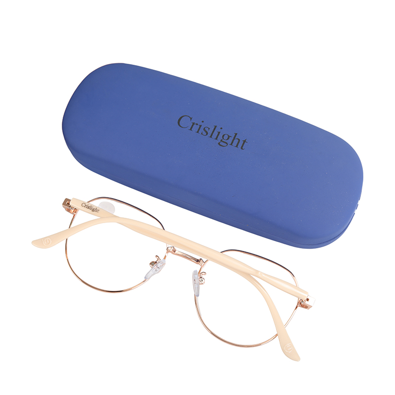 Crislight Trendy Rose Gold Round Eyeglasses for Women, Lightweight Metal Frame Myopia Glasses -0.50 with Case, Stylish Eyewear for Office Work, Meetings and Computer Use