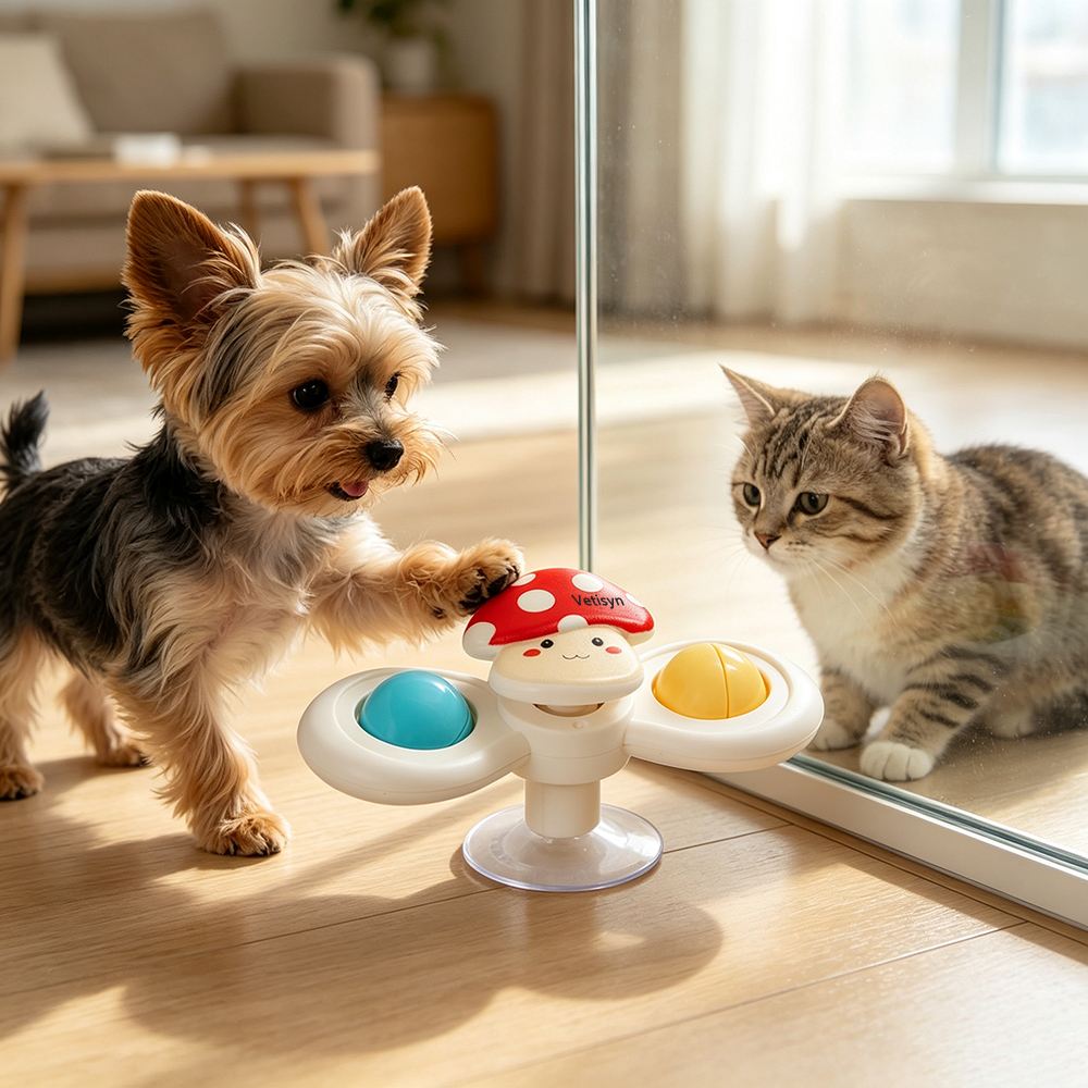 Vetisyn Suction Cup Spinner Pet Toy with Cute Mushroom Shape for Cats and Kittens, Interactive and Stress‑Relieving
