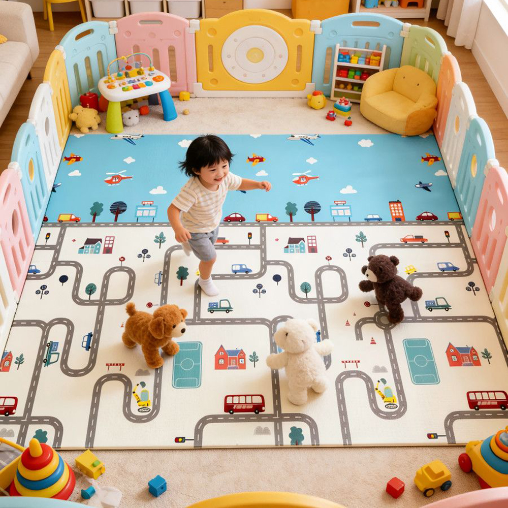 CUNINA Mats for Infant Playpens – Foldable Reversible Foam Mat, Road Traffic Pattern Waterproof Crawling Mat, Suitable for Indoor Playpens, Tummy Time, and Learning to Walk