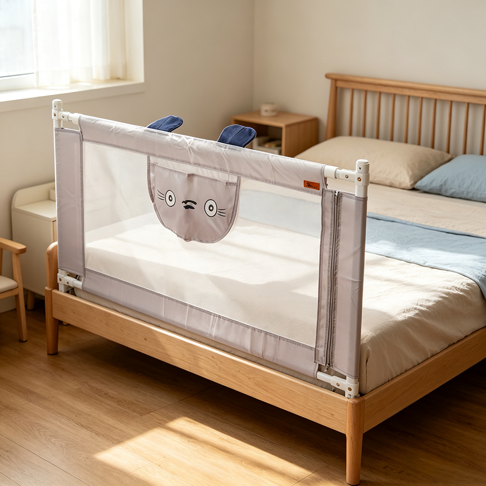 CUNINA Cute Cartoon Mesh Playpens for Babies – 57-Inch Extra Long, Height-Adjustable, Foldable Bed Rail Guard with Storage Pocket and Dual Child Safety Lock