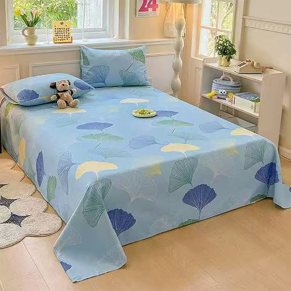 Adorila Ginkgo Leaf Print Flat Bed Sheet – Soft Polyester Bed Sheet for Bedrooms and Guest Rooms, Light Blue
