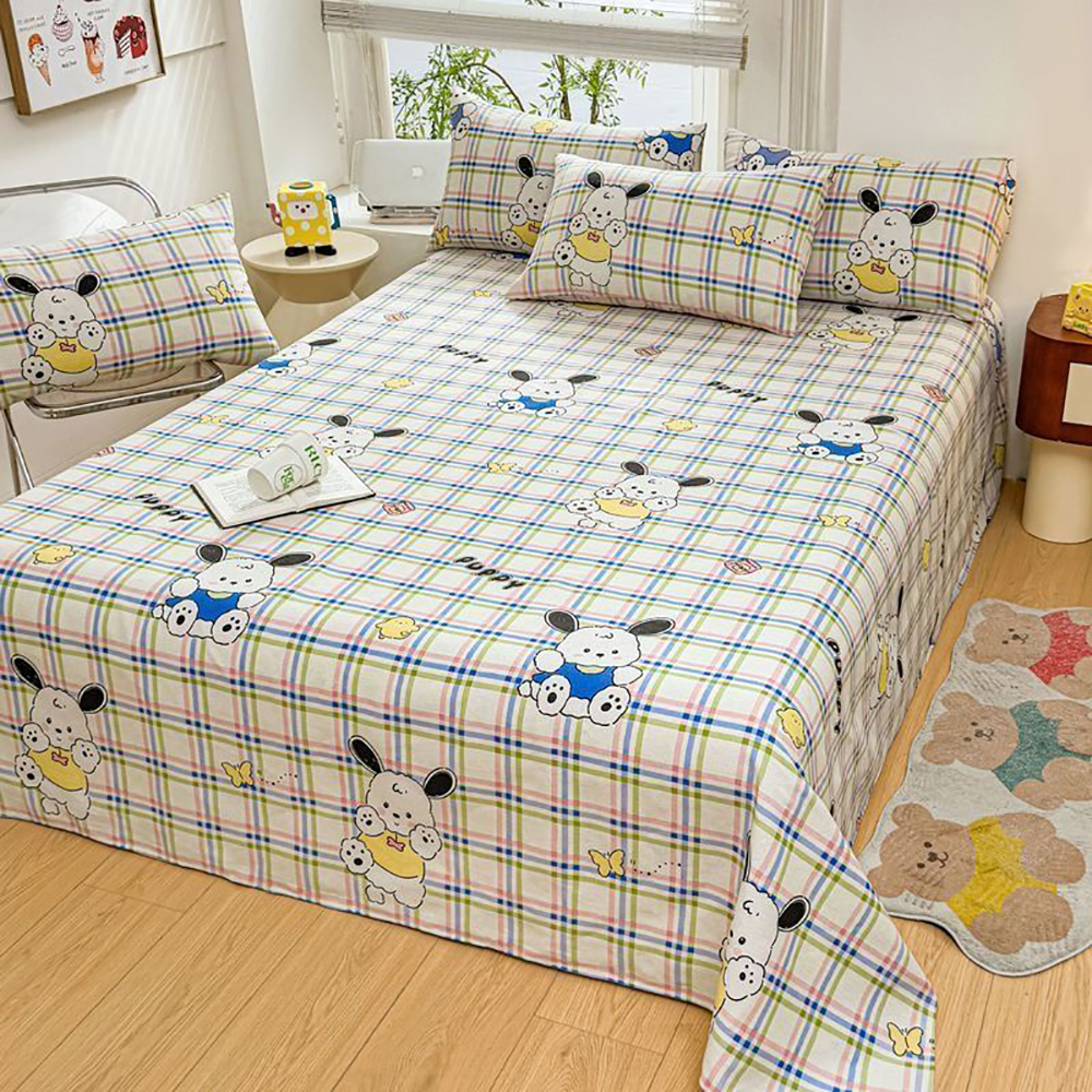 DODAMOUR Bed Sheets, Cute Cartoon Puppy Print Pastel Plaid Soft Polyester Flat Sheet, Breathable Bedding for Kids Girls Bedroom, Guest Room, All Season