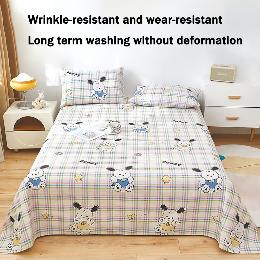 DODAMOUR Bed Sheets, Cute Cartoon Puppy Print Pastel Plaid Soft Polyester Flat Sheet, Breathable Bedding for Kids Girls Bedroom, Guest Room, All Season