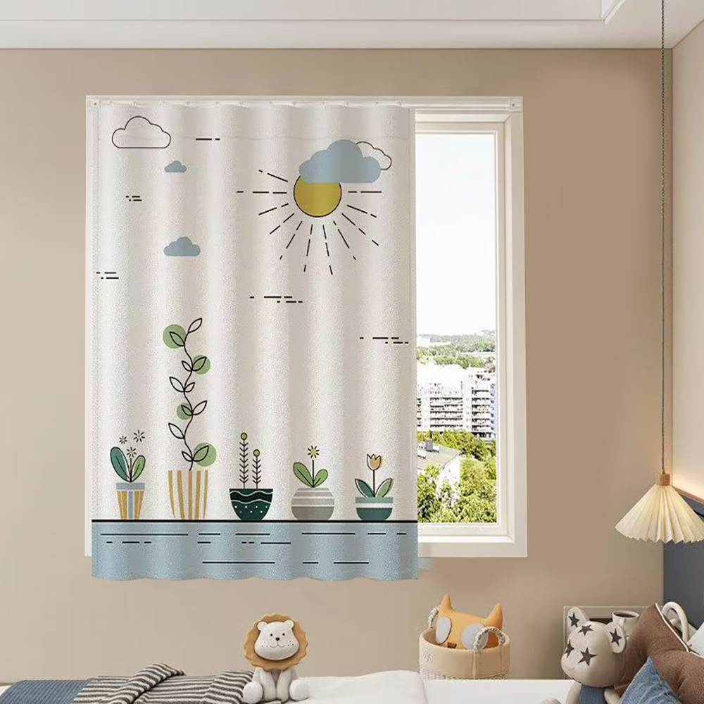 DODAMOUR Curtains of textile, Cartoon Sun Cloud Potted Plant Pattern Curtain, Light Filtering Window Drapes for Kids Bedroom Nursery Playroom, Creamy White Cute Cartoon Style, 1 Panel