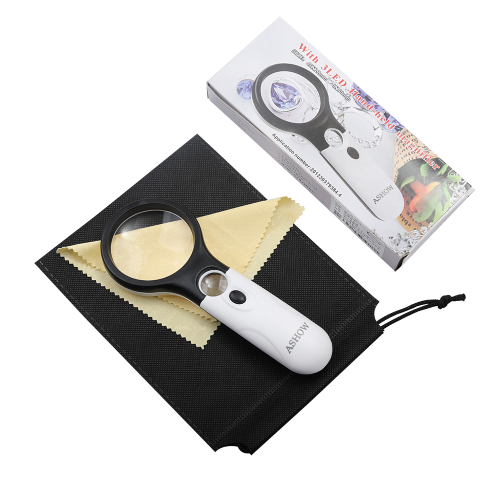 ASHOW high-definition magnifying lens, Portable hand-held magnifying glass with LED lighting, 45x magnifying glass, high-definition reading for children and the elderly.