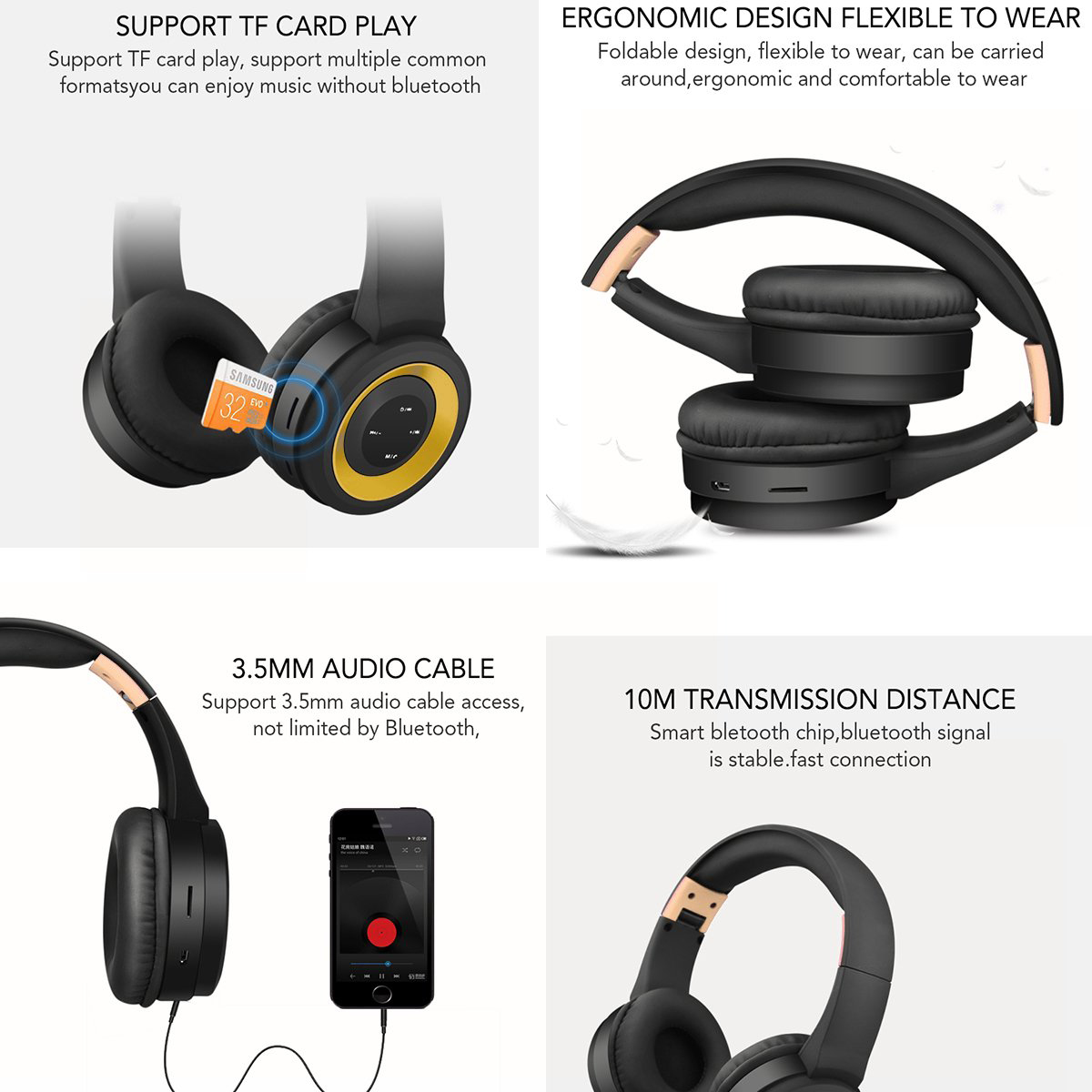 Foldable Bluetooth Headphones Over Ear Wireless Bluetooth Headset with Mic,TF Card Mode & Wired Mode
