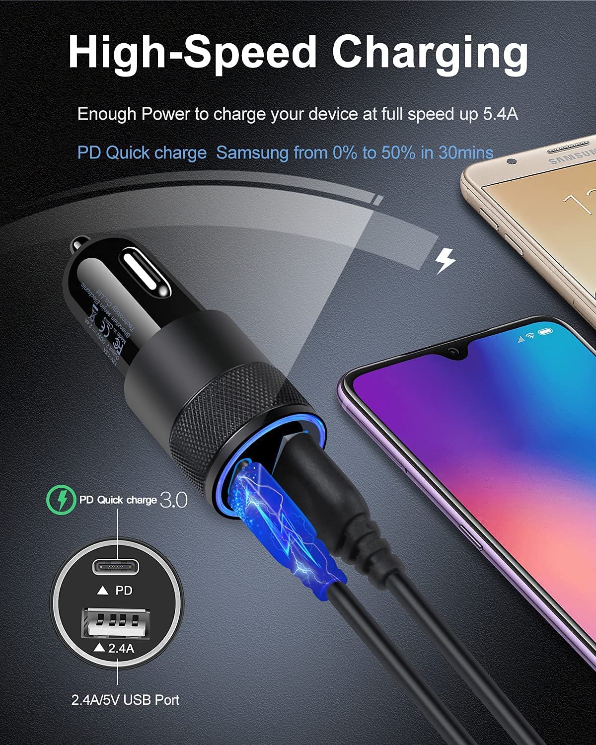 30W USB C Car Charger, [2Pack] PD 3.0 Fast Charge Dual Port USB Type C and 2.4a USB A Cargador Carro Lighter Adapter Base.