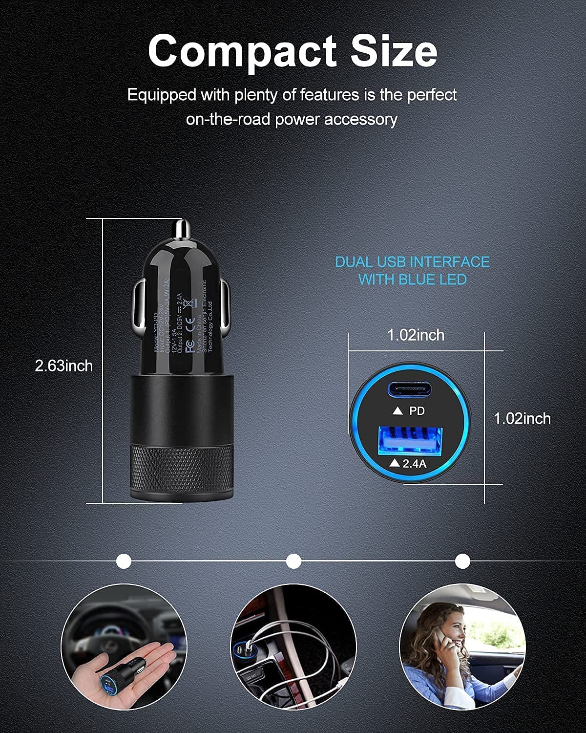 30W USB C Car Charger, [2Pack] PD 3.0 Fast Charge Dual Port USB Type C and 2.4a USB A Cargador Carro Lighter Adapter Base.