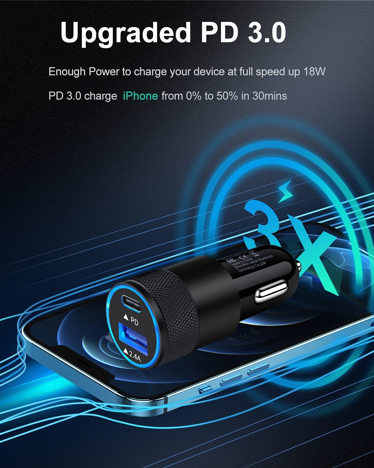 30W USB C Car Charger, [2Pack] PD 3.0 Fast Charge Dual Port USB Type C and 2.4a USB A Cargador Carro Lighter Adapter Base.