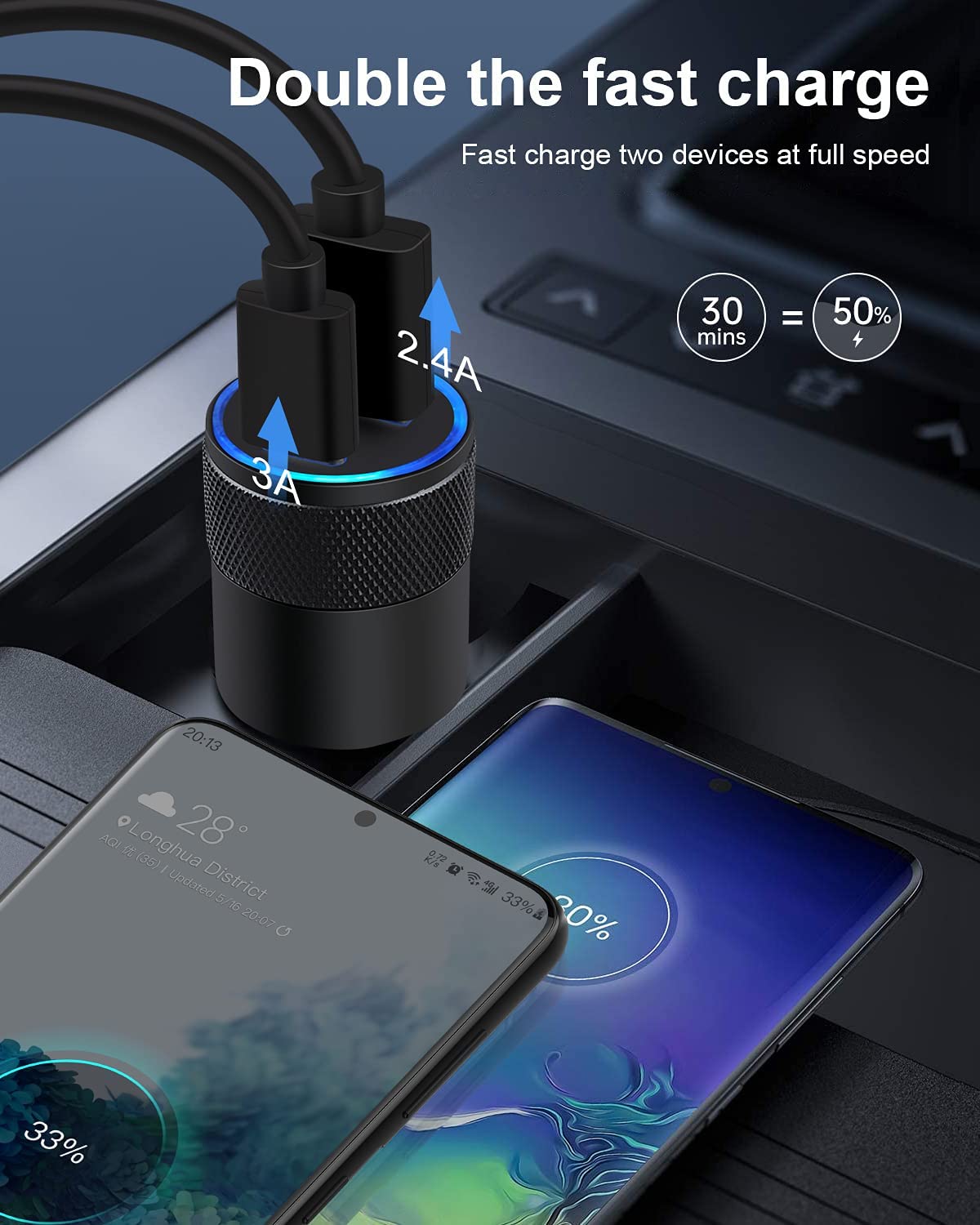 30W USB C Car Charger, [2Pack] PD 3.0 Fast Charge Dual Port USB Type C and 2.4a USB A Cargador Carro Lighter Adapter Base.