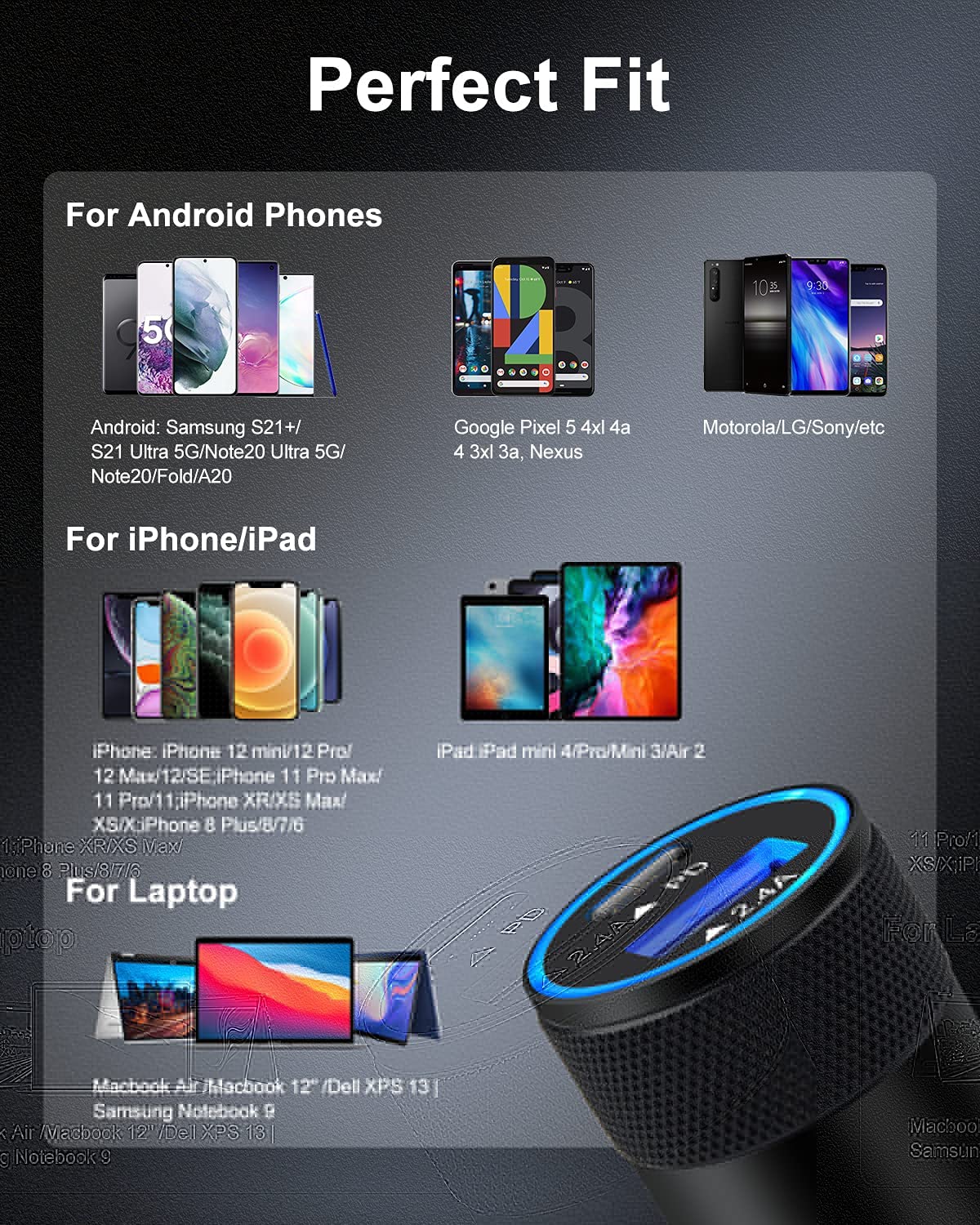 30W USB C Car Charger, [2Pack] PD 3.0 Fast Charge Dual Port USB Type C and 2.4a USB A Cargador Carro Lighter Adapter Base.