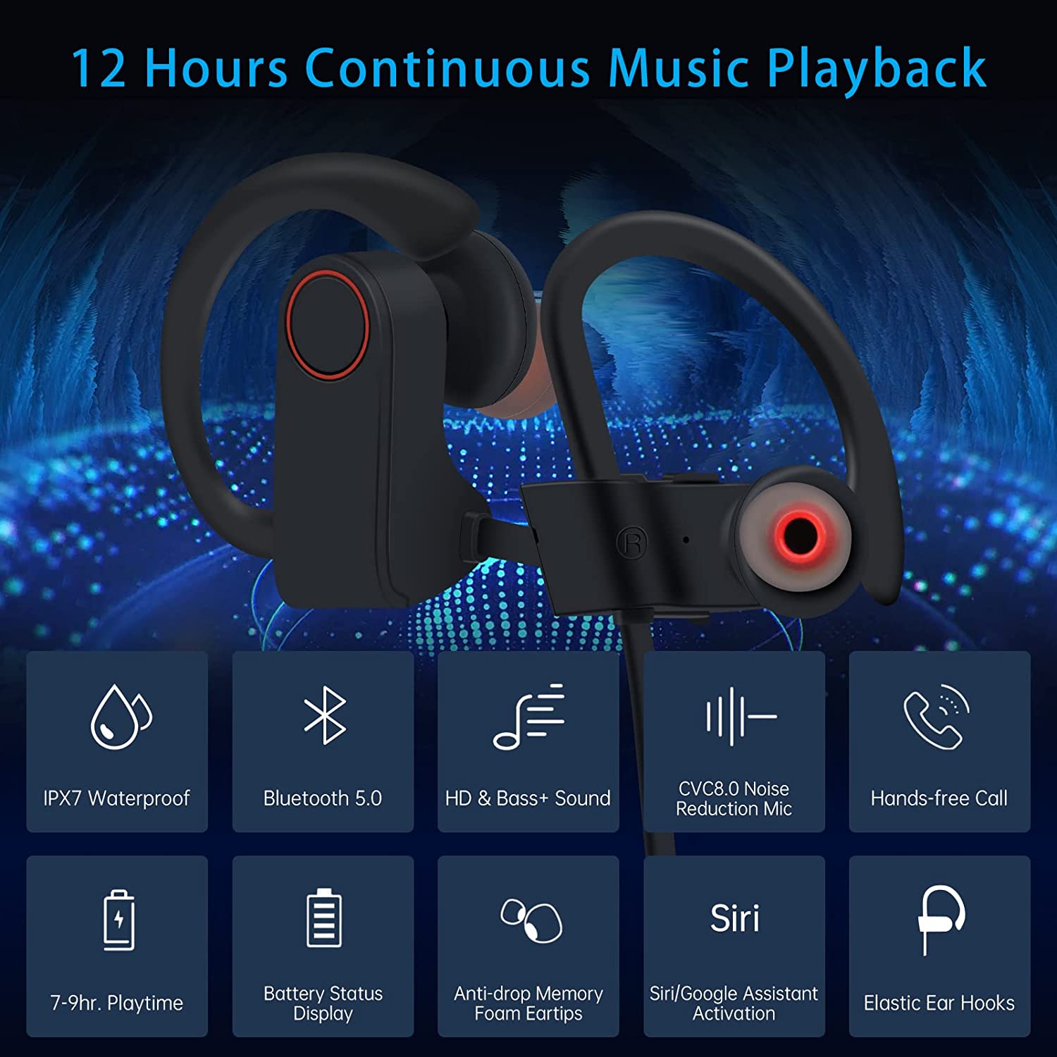 Sport Earphones，Bluetooth Headphones 5.0, Wireless Headset,IPX7 Waterproof in-Ear Earphone,Deep Bass + HD CVC6.0 Noise Cancelling Stereo Sweatproof Earbuds with Microphone for Gym Running Home Workout